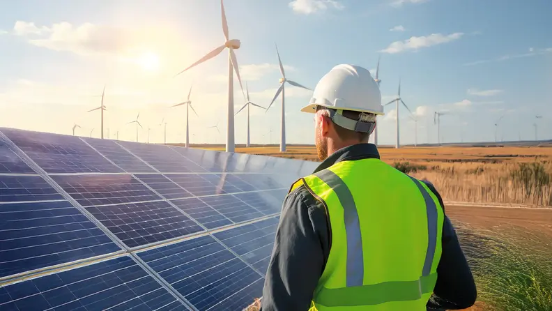 Ingeniero supervisando paneles solares y turbinas eolicas en proyecto de energia limpia.