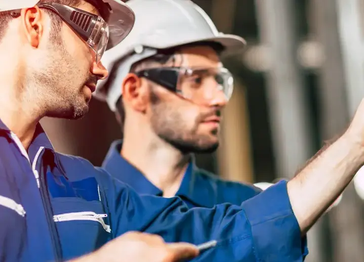 Two operators wearing their PPE in a factory