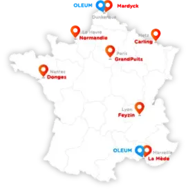 Carte des sites de production et de formation OLEUM. Sites de production : plateforme de Mardyck (à Dunkerque), plateforme de Normandie (au Havre), plateforme de Carling (à Metz), plateforme de GrandPuits (à Paris), plateforme de Donges (à Nantes), pl