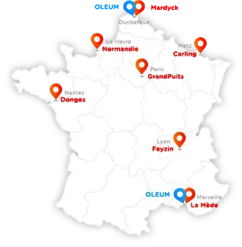 Carte des sites de production et de formation OLEUM. Sites de production : plateforme de Mardyck (à Dunkerque), plateforme de Normandie (au Havre), plateforme de Carling (à Metz), plateforme de GrandPuits (à Paris), plateforme de Donges (à Nantes), pl