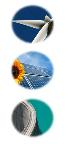 A Wind turbine, a solar panel with a bright sun flower and a dam