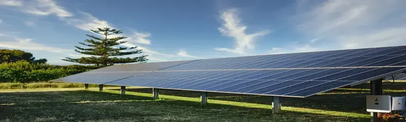 Placas fotovoltaicas instaladas en un entorno natural con césped y árboles