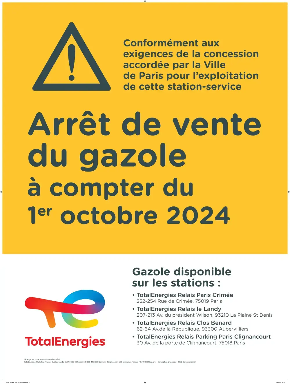 Arrêt de vente du gazole à compter du 1er octobre 2024 - PERIPHERIQUES INTERIEURS EXTERIEURS