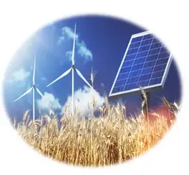 Renewable energy including wind and solar on a bright blue sky backdrop with corn field