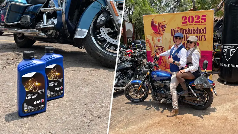 Motociclistas en el evento DGR 2025 en Ciudad de México con productos ELF de TotalEnergies.