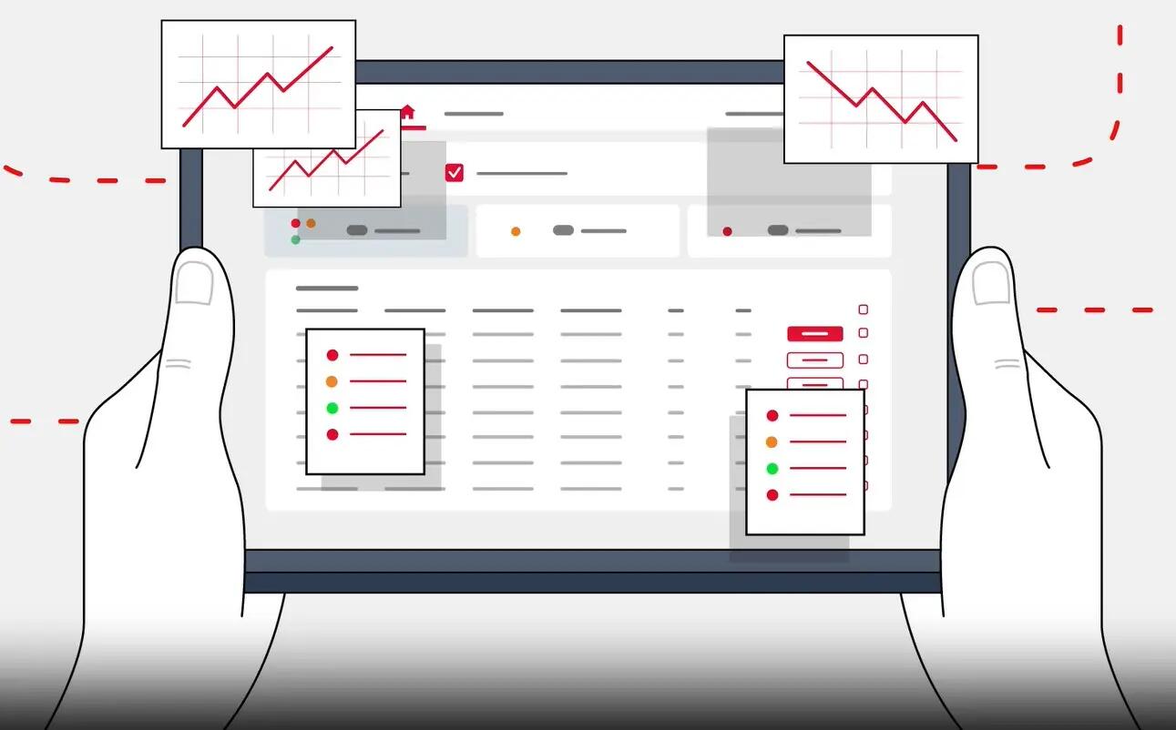 Drawing of hands holding tablet that shows graphs and lists