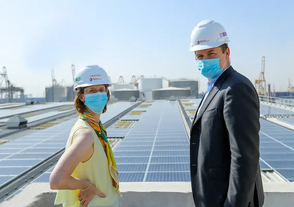 Karine Singh, Managing Director for Total Marketing Middle East along with Marin de Montbel, Managing Director for Total Solar Distributed Generation Middle East at the Total Lubricants Blending Building in UAE.