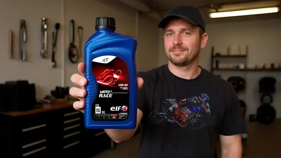 Envase de aceite ELF Moto4 Race 10W60 en taller mecánico.