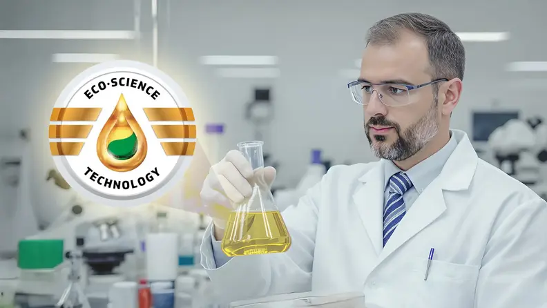 Investigador en laboratorio analizando lubricante con el sello Eco-Science Technology.