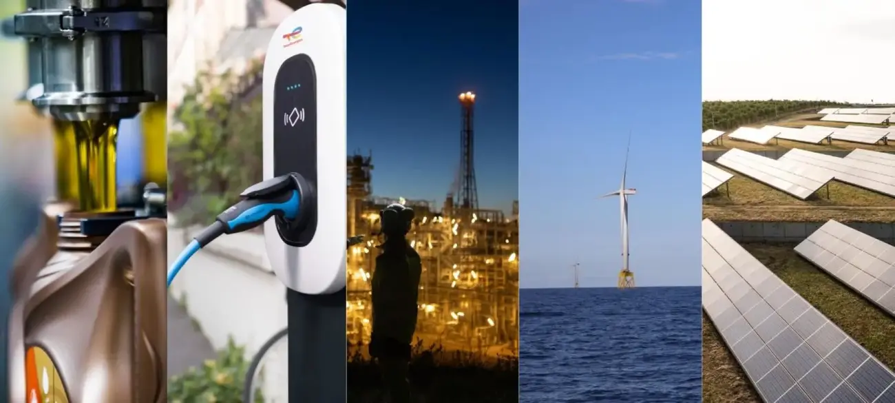 Collage TotalEnergies Schmierstoff, Elektromobilität, Raffinerie, Windkraft, Solar