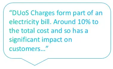Text bubble with DUoS charges form part of your electricity bill. Around 10% to the total cost so has a significant impact on consumers