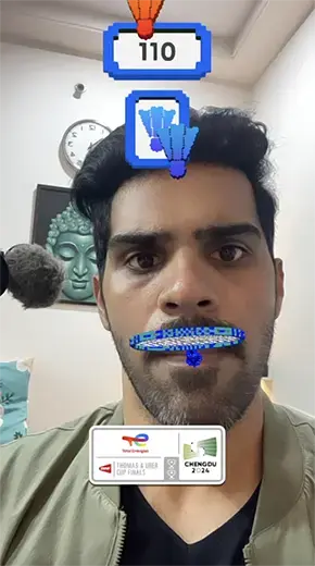 screenshot of Sriman Kotaru playing AR filter developed for TotalEnergies BWF Thomas & Uber Cup Finals 2024