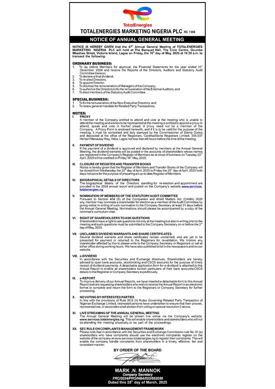 notice of 47 annual general meeting up