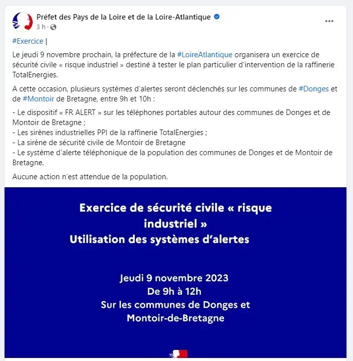 Exercice de sécurité civile le 9 novembre 2023