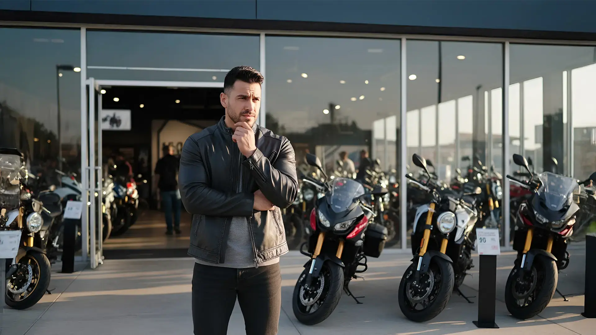 Hombre evaluando opciones frente a una agencia de motos.