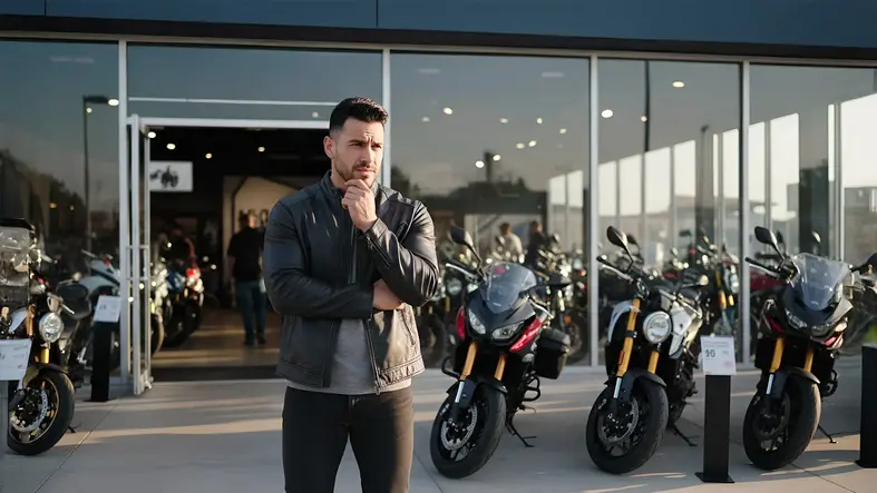 Hombre evaluando opciones frente a una agencia de motos.
