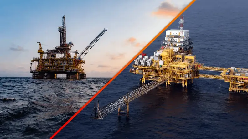 Image avec une plateforme offshore à gauche (Congo) et une plateforme offshore à droite (Gabon)