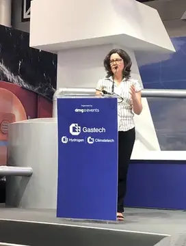 Mireille Franco, TotalEnergies Marine Fuels’ Head of HSEQ & Technical, presenting at Gastech 2023 in Singapore.