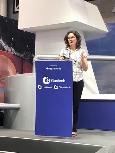 Mireille Franco, TotalEnergies Marine Fuels’ Head of HSEQ & Technical, presenting at Gastech 2023 in Singapore.