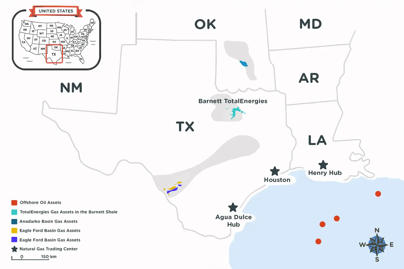 Map highlighting TotalEnergies’ U.S. E&P assets, including deepwater oil interests in the Gulf of America and natural gas operations in Texas and Oklahoma.