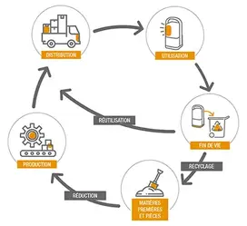 Schema du&nbsp;cycle : distribution,&nbsp;utilisation,&nbsp;fin de vie, recyclage en matières premières et pièces, réduction, production et retour à la distribution
