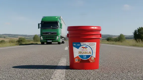 Aceite Rubia TIR de TotalEnergies sobre carretera con camión al fondo.