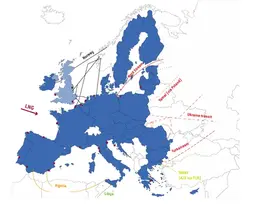 Map of key gas pipeline routes into the UK with several LNG terminal locations
