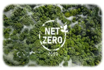 White Net Zero text within green tree tops with mist