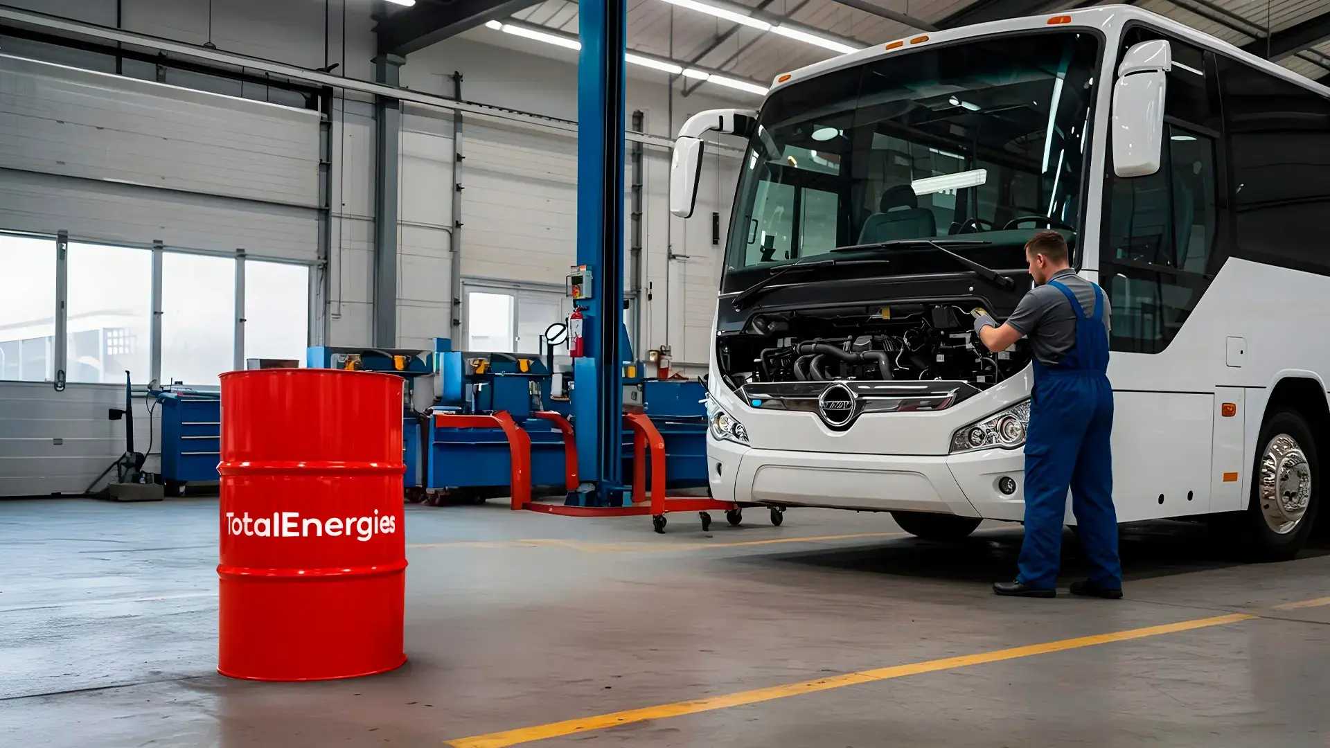 Mantenimiento de autobús en taller con aceites TotalEnergies.