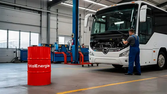 Mantenimiento de autobús en taller con aceites TotalEnergies.