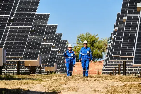 Dos operarios vestidos con uniforme azul caminan entre placas fotovoltaicas