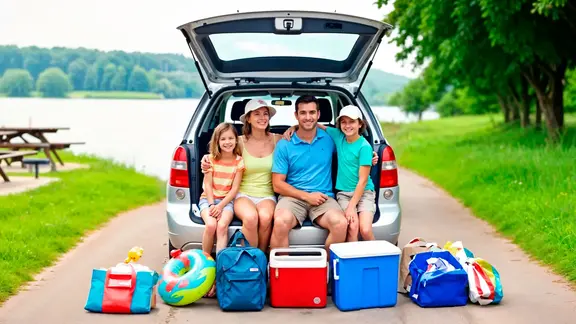 Familia lista para salir de vacaciones en auto.