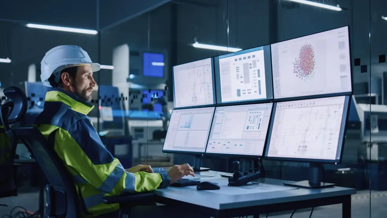Operator in factory in front of screens