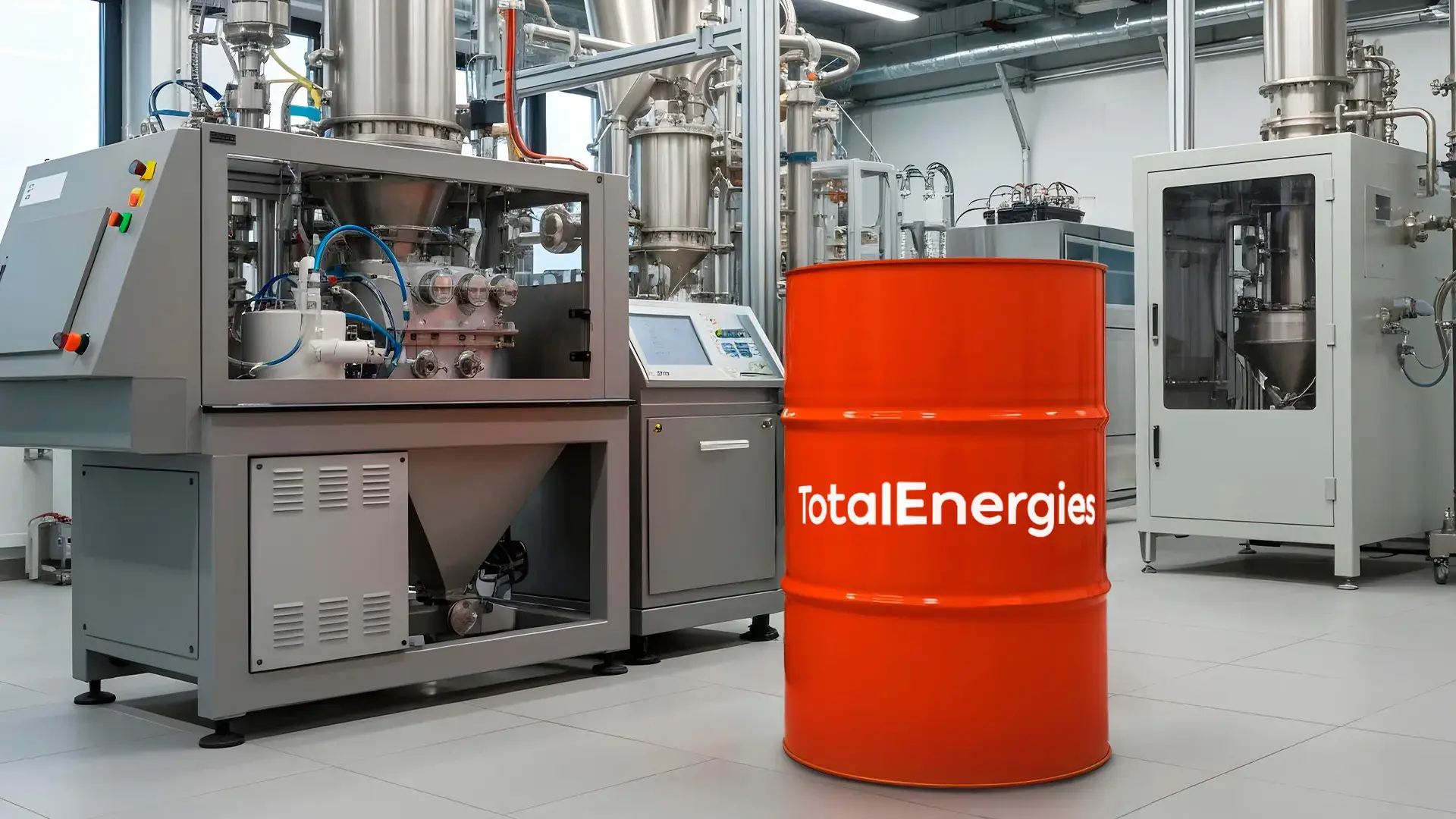 Planta industrial  petroquímica con barril de TotalEnergies.