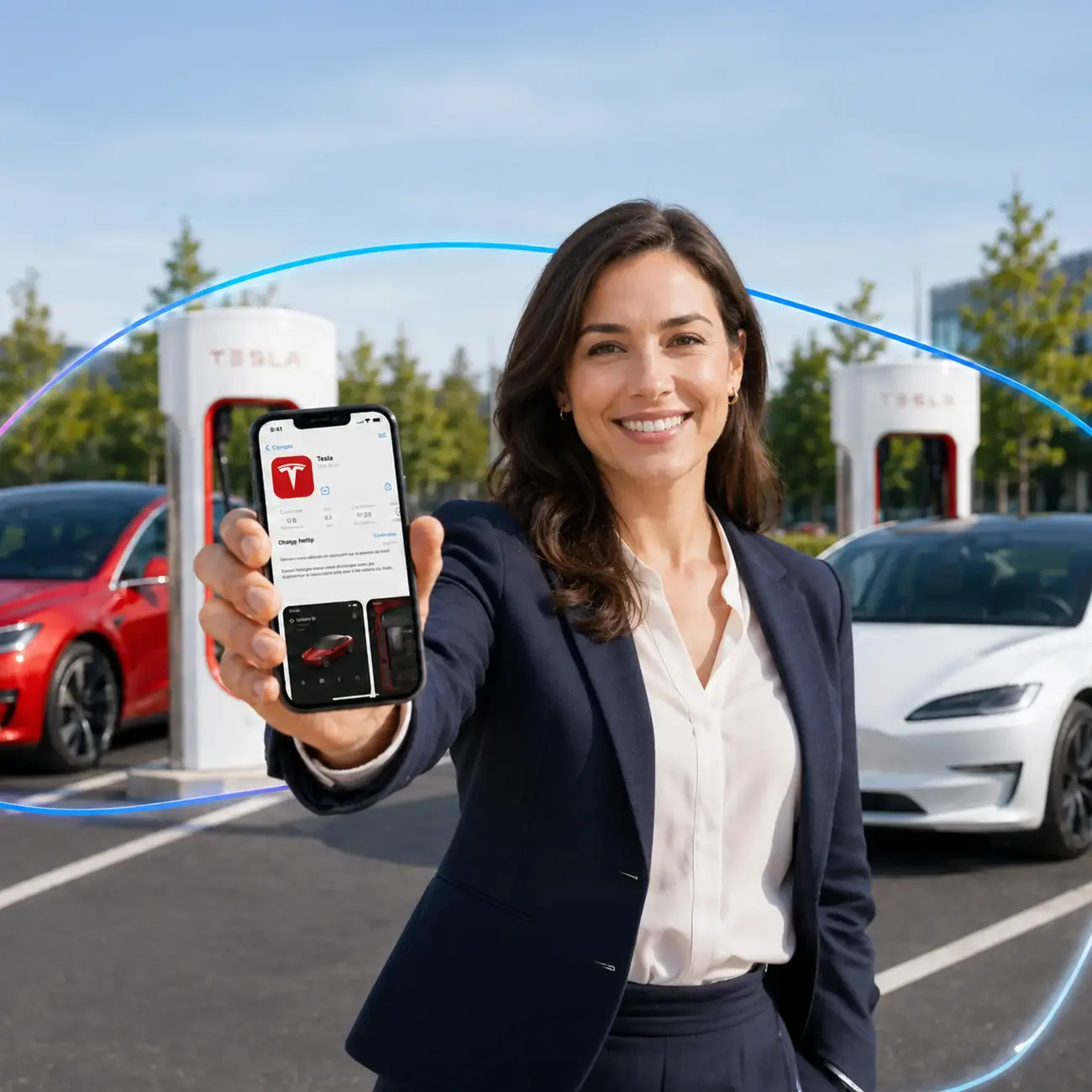 Femme montrant l'application Tesla