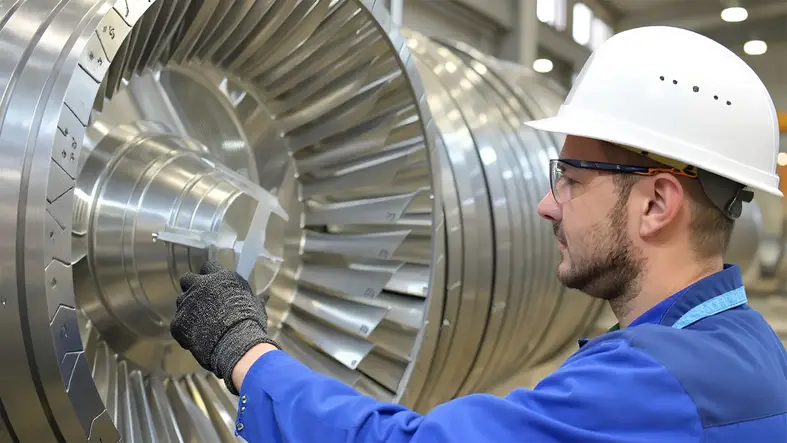 Técnico inspecciona turbina hidroeléctrica, lubricación industrial de TotalEnergies.
