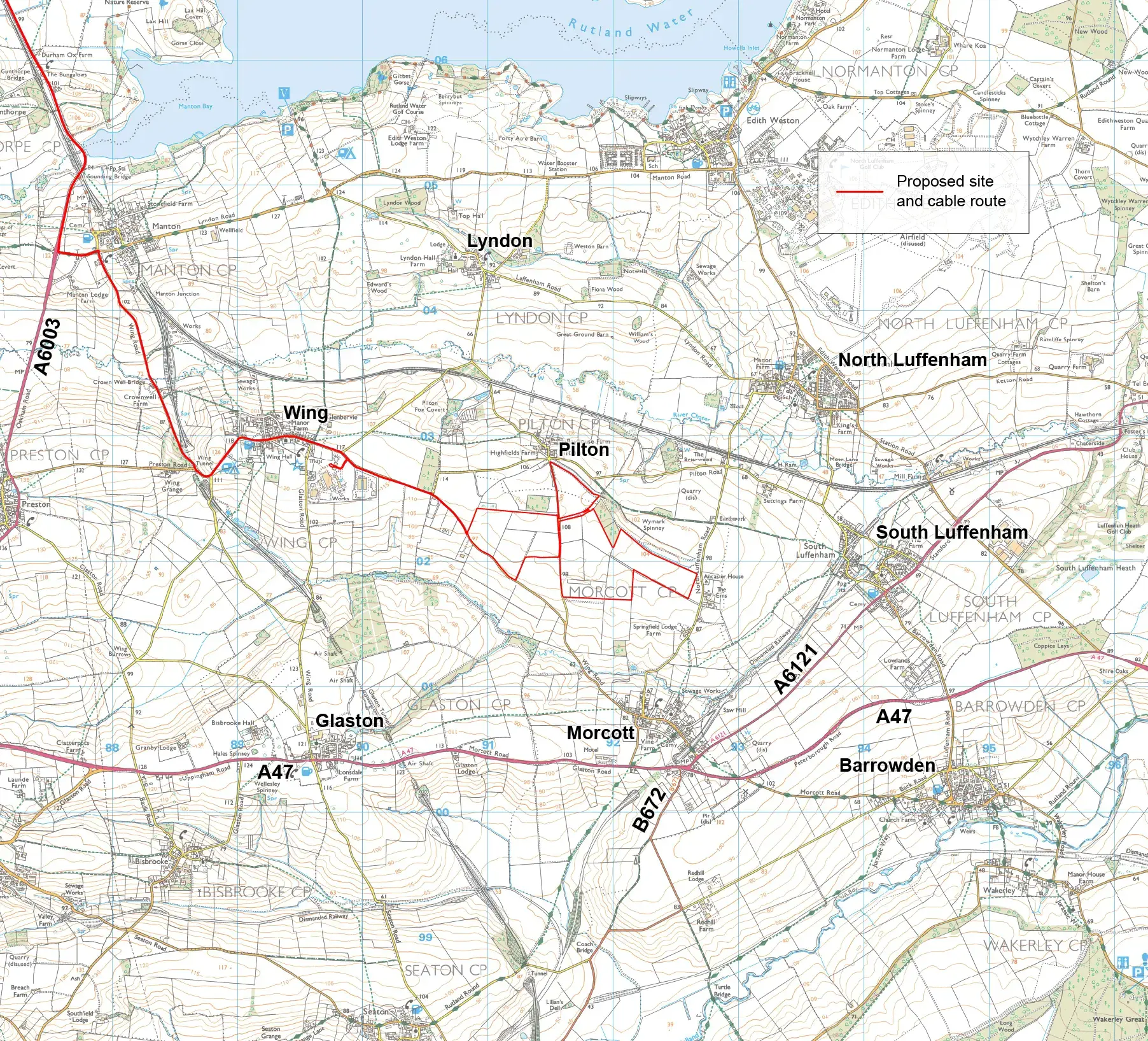 Map showing the proposed site and cable route, both outlined in red.