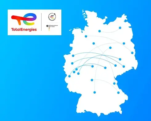 Deutschlandkarte mit blauen Punkten und Linien für Ladepunkte  im Deutschlandnetz