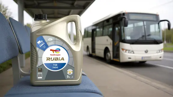 Envase de Rubia TIR 7400 de TotalEnergies en una estación de autobuses.
