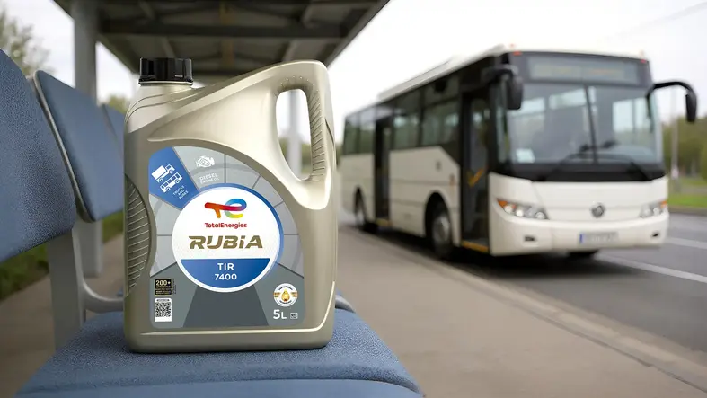 Envase de Rubia TIR 7400 de TotalEnergies en una estación de autobuses.
