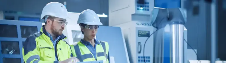 Factory Workshop: Professional Female Engineer, Male Machinery Operator Use Industrial Digital Tablet Computer to Work and Program Robot Arm for Production
