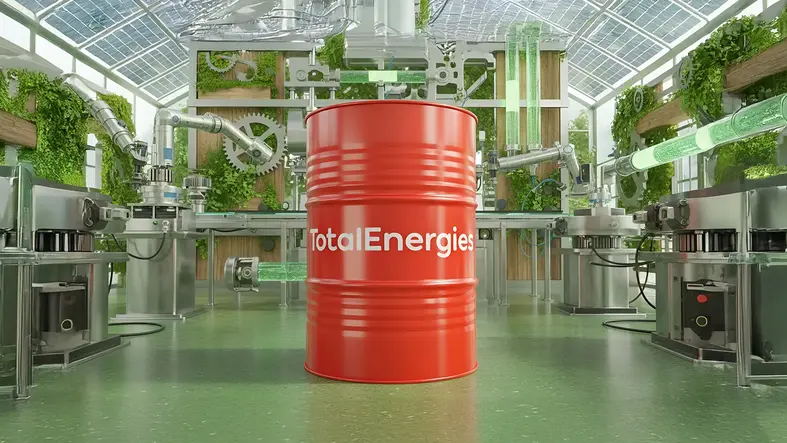 Barril rojo de TotalEnergies en una planta industrial representando lubricantes sostenibles.