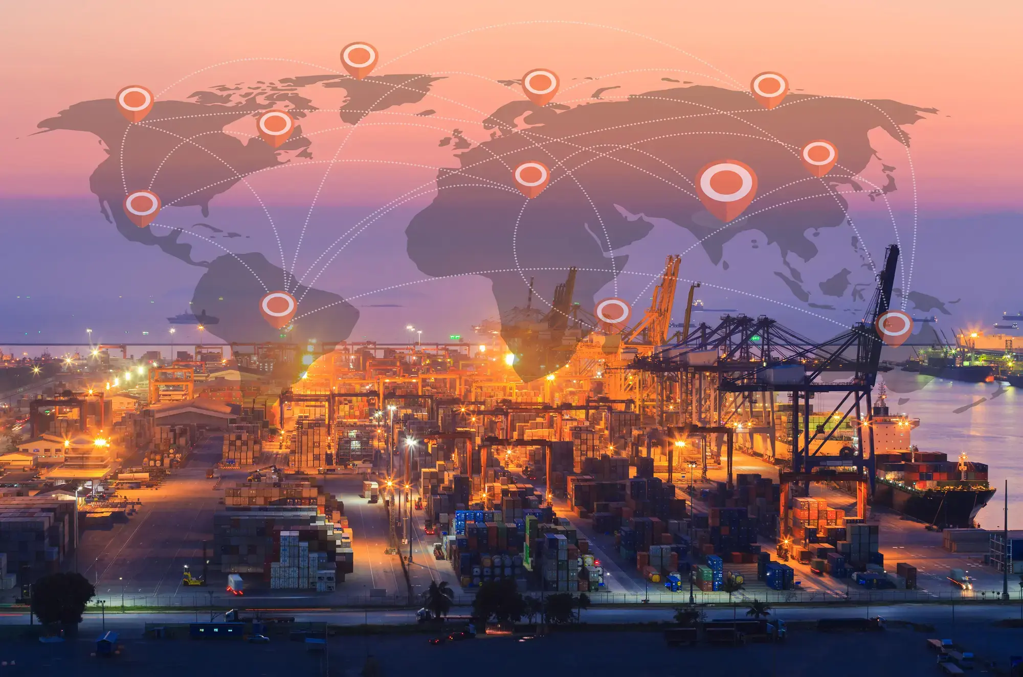 Container ship in import,export port morning light of loading ship yard use for freight and cargo shipping vessel transport