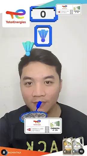 Screenshot of Badminton Talk playing AR filter developed for TotalEnergies BWF Thomas & Uber Cup Finals 2024