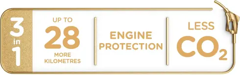 3-in-1: Up to 28% more kilometres, engine protect, less CO2