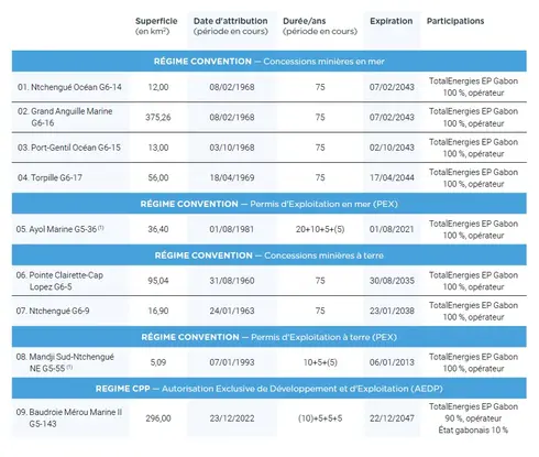 Tableau domaine minier TotalEnergies EP Gabon