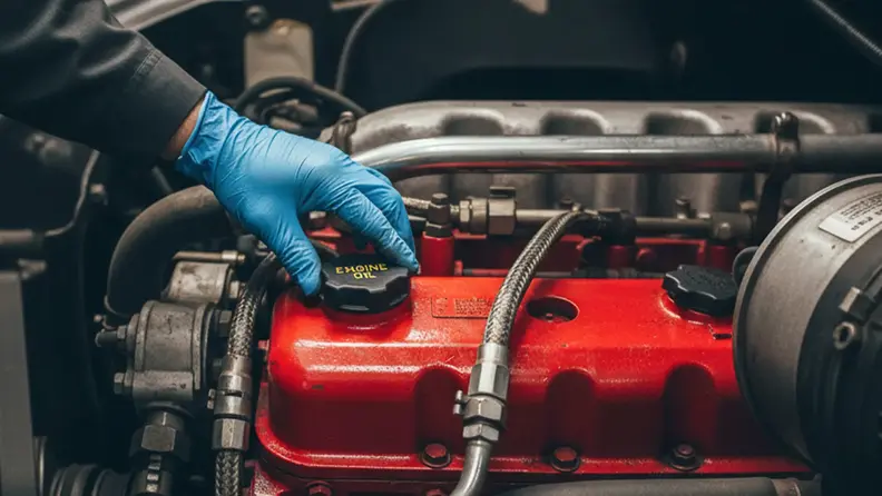 Técnico revisando el nivel de aceite en un motor diésel.