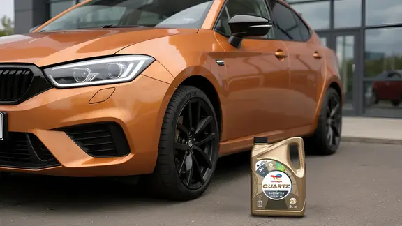 Auto moderno junto a envase de Quartz 9000 Xtra Future XT 0W-20 de TotalEnergies.