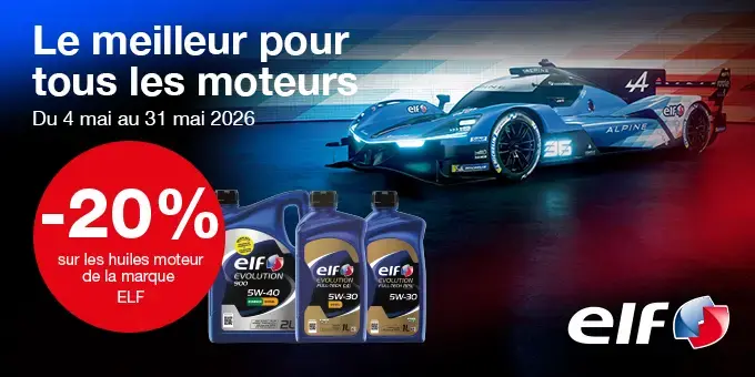 Le meilleur pour tous les moteurs. Du 4 au 31 mai 2026, moins 20% sur les huiles moteur de la marque ELF