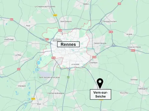 La ville de Vern-sur-Seiche est située au Sud-Est de Rennes, France.